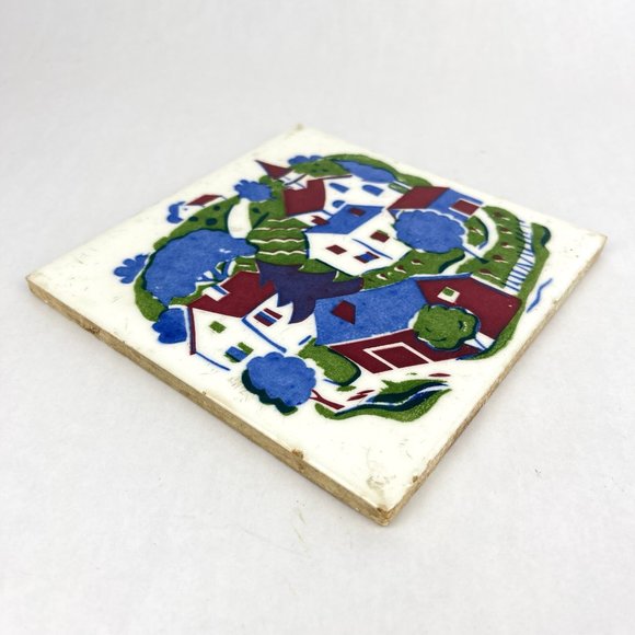 Vintage Wheeling Cushion Hand Painted Rural Village Scene 6" Square Tile Trivet - Picture 3 of 11